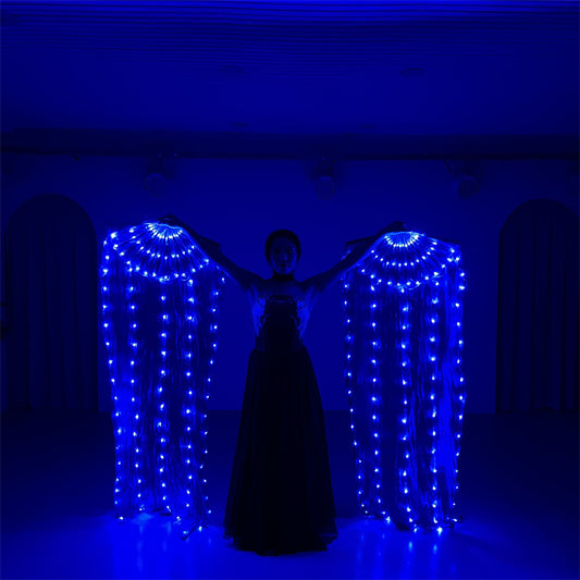 Belly Dance Performance LED Costumes Props 180cm Royal Blue 100% Real Silk LED Dance Fan Veils for Women Adults' Performance Stage Party Wedding Show