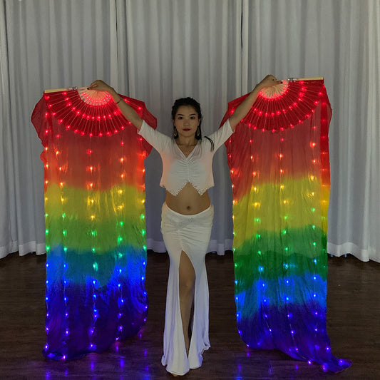 Belly Dance Performance LED Costumes Props 180cm 7-color Rainbow 100% Real Silk LED Dance Fan Veils for Women Adults' Performance Stage Party Wedding Show