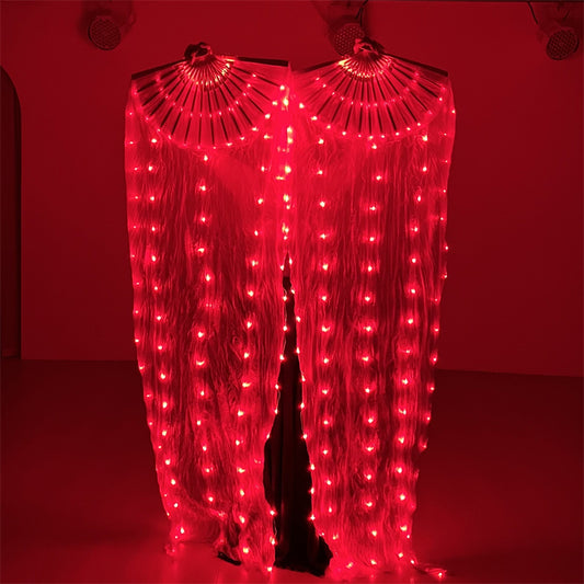 Belly Dance Performance LED Costumes Props 180cm Red 100% Real Silk LED Dance Fan Veils for Women Adults' Performance Stage Party Wedding Show