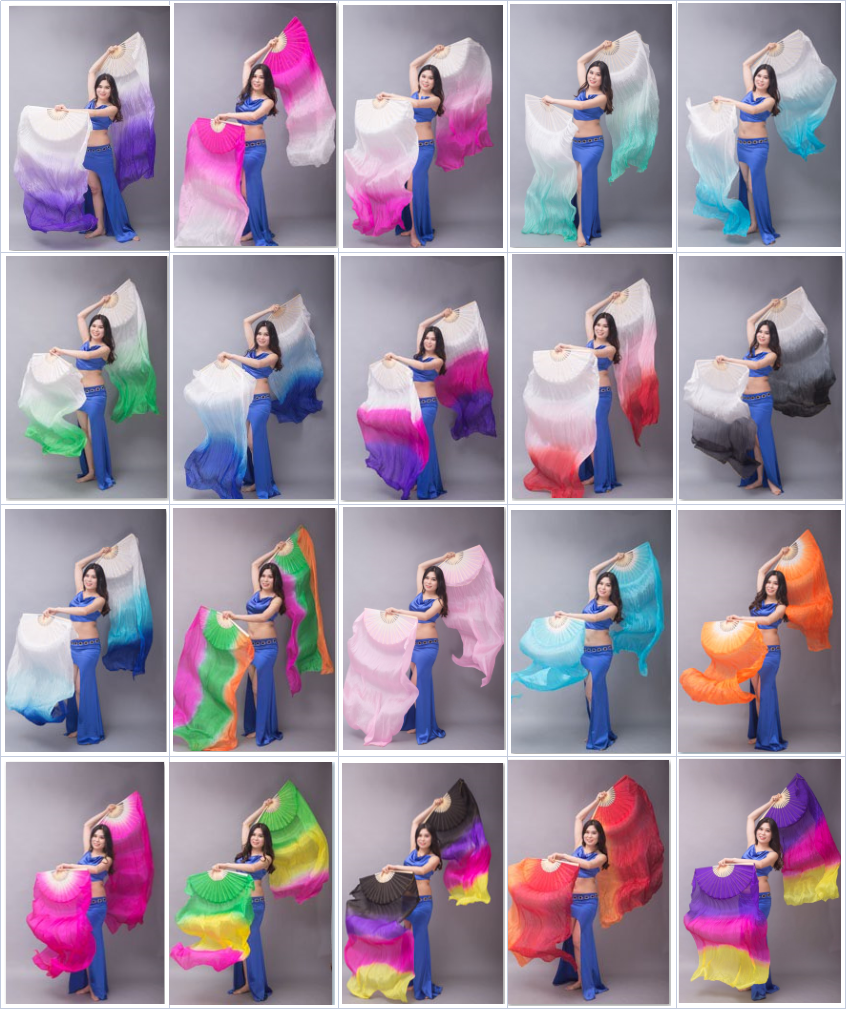 Horizontally Dyed 5-7 Colors Rainbow 100% Chinese Real Silk Fan Veils Belly Dance Costume Performance Wear Props for Professional Women Adults' Belly Dancers