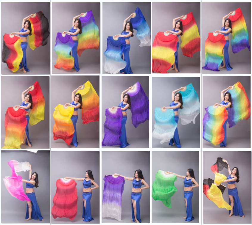 Horizontally Dyed 5-7 Colors Rainbow 100% Chinese Real Silk Fan Veils Belly Dance Costume Performance Wear Props for Professional Women Adults' Belly Dancers