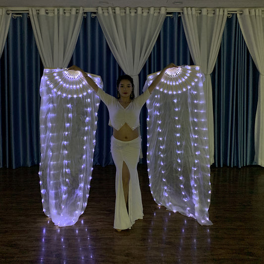 Belly Dance Performance LED Costumes Props 180cm White 100% Real Silk LED Dance Fan Veils for Women Adults' Performance Stage Party Wedding Show