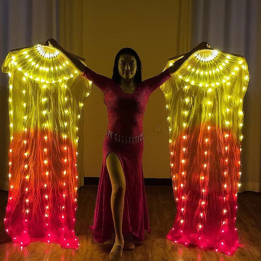 Belly Dance Performance LED Costumes Props 180cm Yellow Orange Red 100% Real Silk LED Dance Fan Veils for Women Adults' Performance Stage Party Wedding Show