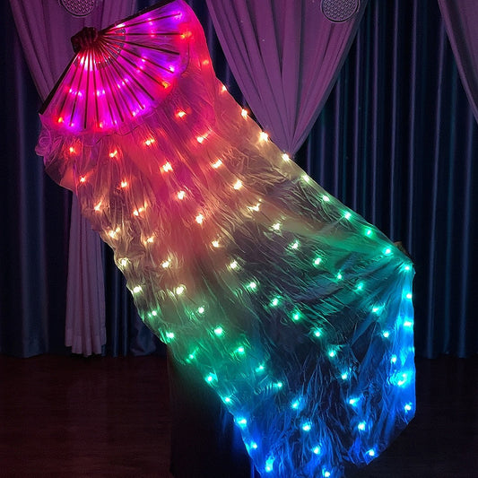 Belly Dance Performance LED Costumes Props 180cm Colorful Flashing 100% Real Silk LED Dance Fan Veils for Women Adults' Performance Stage Party Wedding Show