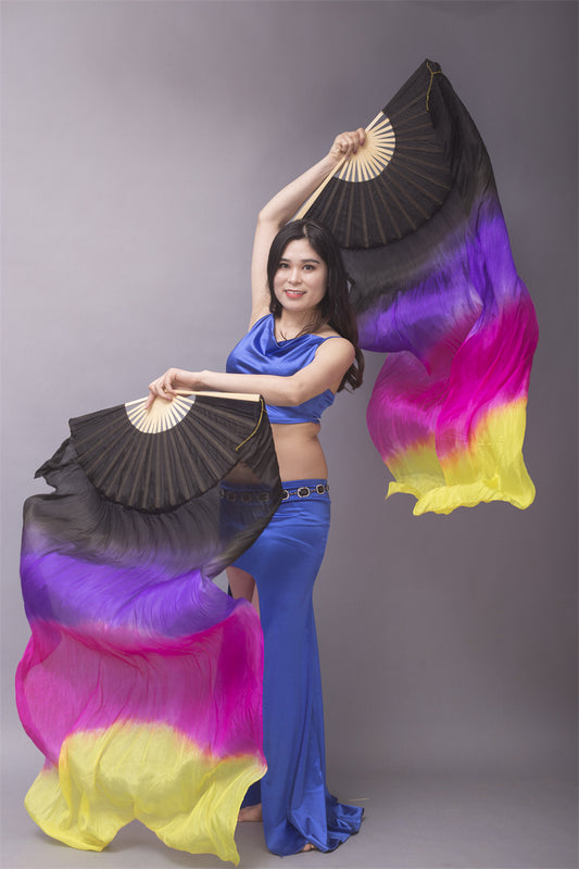 Horizontally Dyed 3-4 Colors 100% Chinese Real Silk Fan Veils Belly Dance Costume Performance Wear Props for Professional Women Adults' Belly Dancers