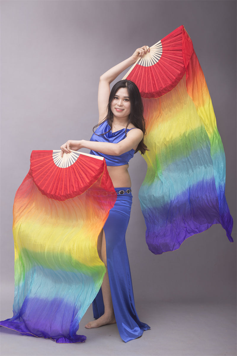 Horizontally Dyed 5-7 Colors Rainbow 100% Chinese Real Silk Fan Veils Belly Dance Costume Performance Wear Props for Professional Women Adults' Belly Dancers