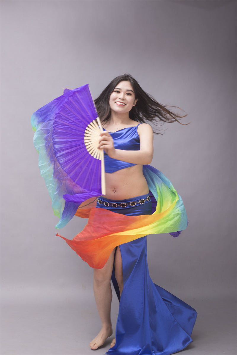 Horizontally Dyed 5-7 Colors Rainbow 100% Chinese Real Silk Fan Veils Belly Dance Costume Performance Wear Props for Professional Women Adults' Belly Dancers