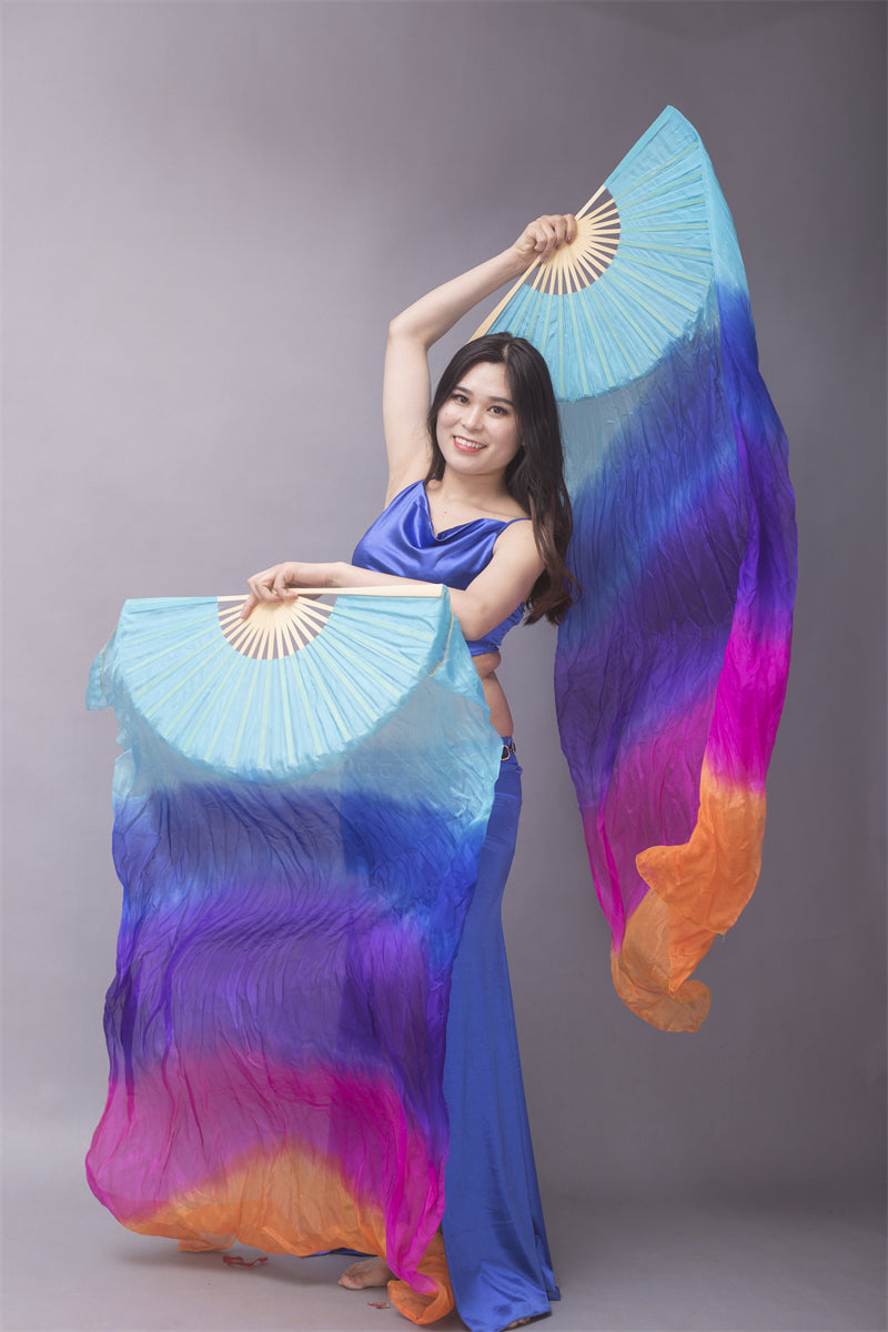 Horizontally Dyed 5-7 Colors Rainbow 100% Chinese Real Silk Fan Veils Belly Dance Costume Performance Wear Props for Professional Women Adults' Belly Dancers