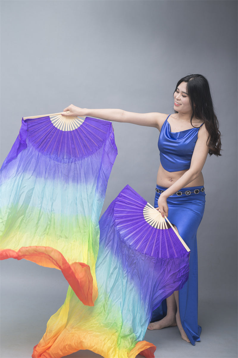 Horizontally Dyed 5-7 Colors Rainbow 100% Chinese Real Silk Fan Veils Belly Dance Costume Performance Wear Props for Professional Women Adults' Belly Dancers