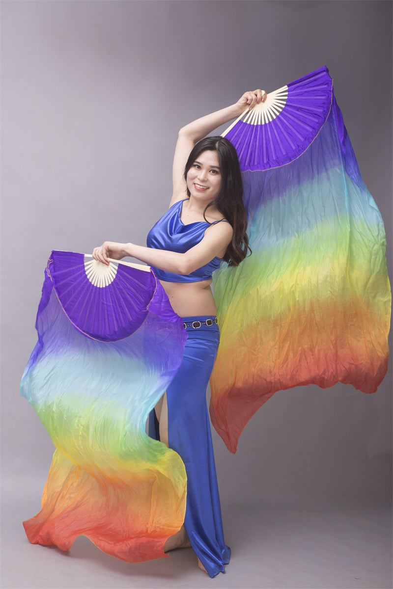 Horizontally Dyed 5-7 Colors Rainbow 100% Chinese Real Silk Fan Veils Belly Dance Costume Performance Wear Props for Professional Women Adults' Belly Dancers