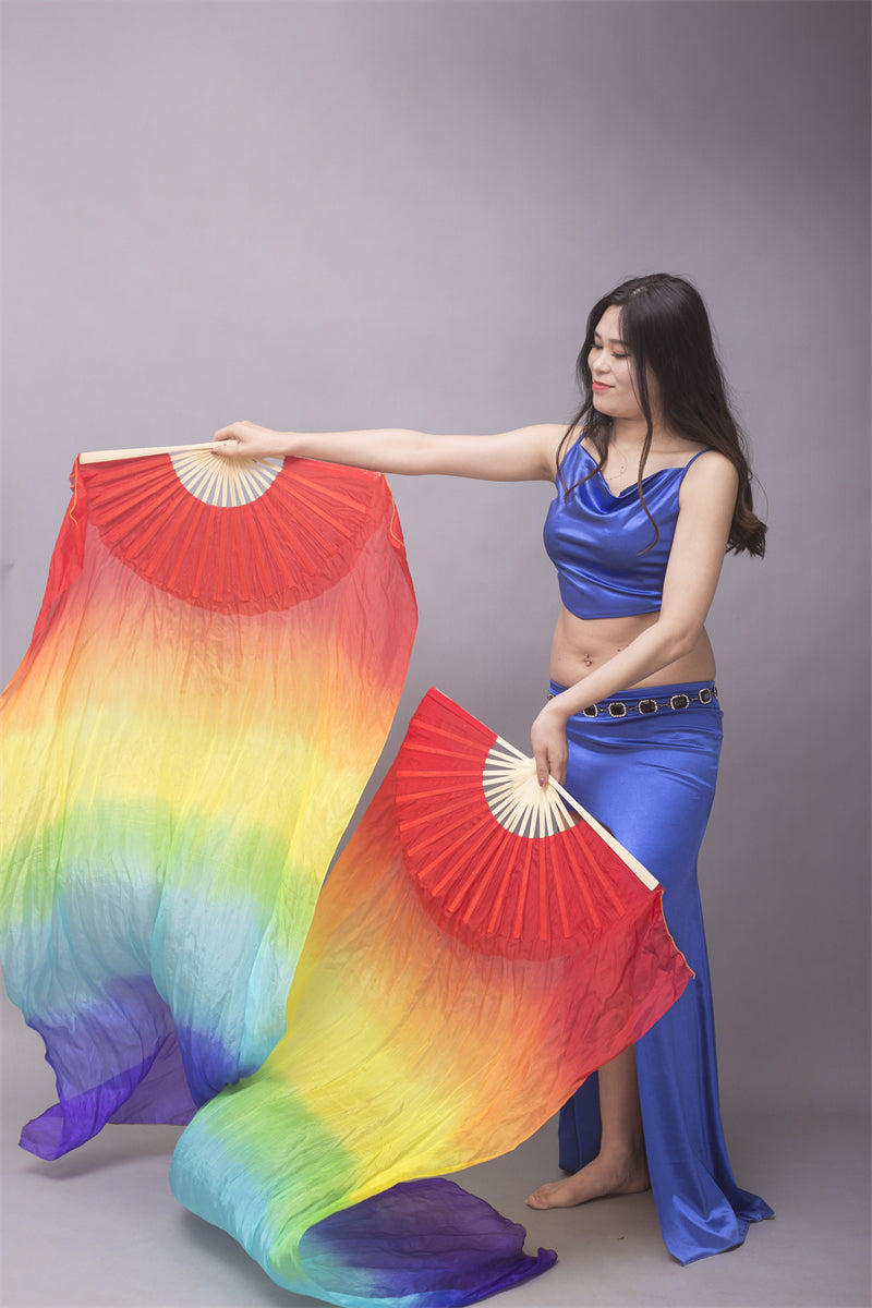 Horizontally Dyed 5-7 Colors Rainbow 100% Chinese Real Silk Fan Veils Belly Dance Costume Performance Wear Props for Professional Women Adults' Belly Dancers