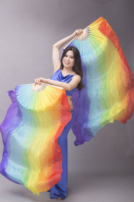 Vertically Dyed Rainbow Color 100% Chinese Real Silk Fan Veils Belly Dance Costume Performance Wear Props for Professional Women Adults' Belly Dancers